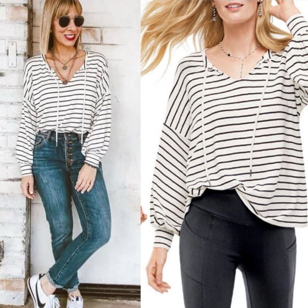 Cabi Relax Game DayโTie Neck Stripedโ Sweatshirt Top Small #5746